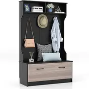 Giantex 160cm Hall Tree with Coat Rack and Storage Bench, Multifunctional Coat Rack with Entryway Bench, 5 Double Hooks, Freestanding Home Organizer for Entryway, Bedroom (Black)