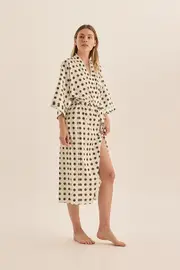 Ladies Gingerlilly PJS Olive Spots Satin Dressing Gown Robe Wrap Lana
