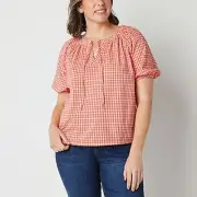 St. John's Bay Peasant Short Sleeve Blouse in Coral Dobby Check NWT 2X