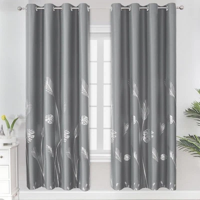 Estelar Textiler Gold and Grey Blackout Curtains with Palm Tree Pattern Light...