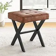 LUE BONA Vanity Stool, Square Faux Leather Makeup Stool with Metal X Legs, Small Ottoman Stool Chair for Vanity, Modern Padded Vanity Seat Foot Rest Stool for Makeup Room, Living Room, Reddish Brown