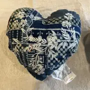 Pottery Barn LOVE Patchwork Heart Shape Pillow Embroidered INDIGO Denim Blue6775