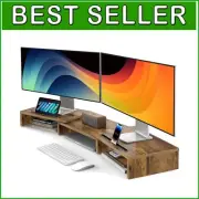 Rustic Brown Adjustable Dual Monitor Stand - 3 Shelf Desk Organizer Solution