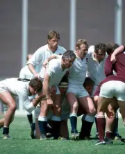 The England pack prepare for a scrum with hooker Peter Wheeler du - Old Photo