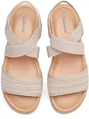 [Saidoteto] Women's Flat Sandals,Elastic Ankle Strap Open Toe Slingback Comfortable Low Wedge Slip-On Walking Sandals for Summer & Casual Wear