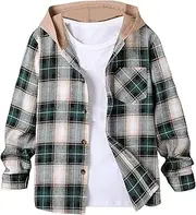 [WDIRARA] Boy's Plaid Button Front Long Sleeve Hooded Shirt Casual Tops