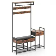 Costway178 cm Freestanding Hall Tree with Shoe Storage Bench-Brown