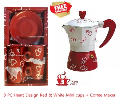 Espresso set cups and saucers & 3 Cups Stove top Coffee Maker *Heart Desing gift