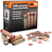Coin Wrappers 256 PCS Assorted Preformed Coin Rolls Wrappers for Quarters, Pe...