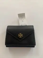 Tory Burch Carter Micro Wallet Trifold Card Coin Black Pebble Leather 4 x 3
