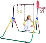 Adjustable 4-in-1 Kids Gym Bar Set: Horizontal Kip Bar, Swing Seat, 2 Trapeze Ri