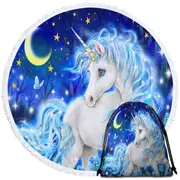 Magical Fantasy Designs Blue Night Unicorn Round Beach Towel