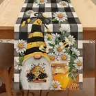 Spring Bee Gnome Table Runner, Honey Black White Buffalo Plaid Check Home Kitche