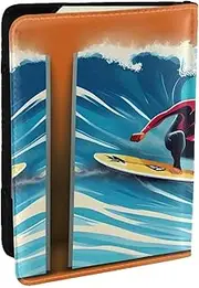 [EdWal] Hawaiian Surfer on Wavy Print Print Passport Cover with Credit Card Holder Leather Passport Case, for Women Men Family ID Travel, Black, One Size