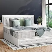 Oikiture Double Bed Frame with 27cm Thickness Mattress Set Gas Lift PU Leather Bed Base Mattress Set White