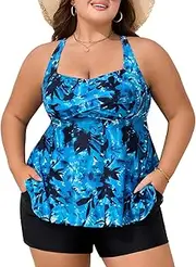 [Summer Mae] Plus Size Tankini Swimsuits for Women Two Piece Bathing Suit with Pockets Shorts Tummy Control Swimwear