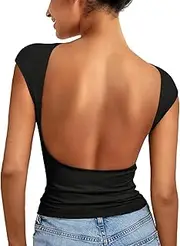 [EFAN] Womens Backless Tops Open Back Shirts Summer Crop Tops Short Sleeve Cute Clothes Y2k Tops 2024