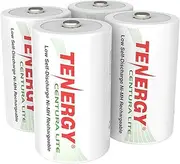 Tenergy Centura Lite 1.2V NiMH Rechargeable D Battery, 3000mAh Low Self Discharge D Cell Batteries, Pre-Charged D Size Battery, UL Certified, 4 Pack