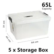 5x XL Clip Lock Storage Box Organiser 65L Plastic Container Bin Tub Crate Large