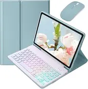 Colorful Backlight Keyboard for Galaxy Tab S10 FE / S9 FE 10.9 inch, Tab S9 11"/S8 11"/S7 11 inch Case with Mouse and Detachable Backlit Keyboard Cute Candy Color Case,MistyBlue+White