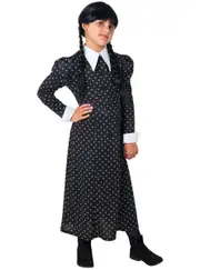 Long Black Wednesday Addams Girls Halloween Costume