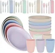 40pcs Wheat Straw Dinnerware Set Dinner Plates Unbreakable Lightweight Large Cutlery Set Plates ​Cups Bowls Cutlery Microwave Dishwasher Safe for Kids Adult Apply to BPQ Wedding Campin