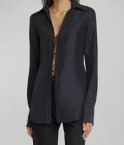 $590 Victoria Beckham Women's Black Silk Tie-Front Collared Blouse Top Size 2