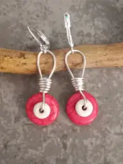 UNIQUE LAYERED PINK AND WHITE HOWLITE BUTTON BEADS/SILVER WIRE DESIGNED EARRINGS