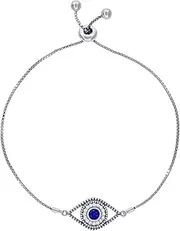 [JewelryWeb] 925 Sterling Silver Womens Blue and White CZ Simulated Diamond Box Chain Evil Eye Bracelet 23.6x23.6mm Wide Link-Bracelet for Women and Men
