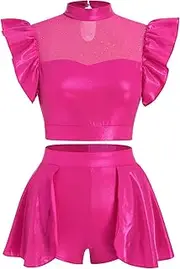 [IBAKOM] Women Metallic Dance Dress Ruffle Sleeve Crop Top Mini Dance Short Half Skirt Adult Ballerina Lyrical Dance Costume