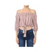 Aplaze Multi-Striped Tie-Front Hem Off-The-Shoulder Flared 3/4 Sleeve Crop Top M