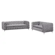 3+2 Seater Sofa Classic Button Tufted Lounge in Grey Velvet Fabric with Metal Legs