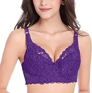 [Generic] Full Support Sports Bra Womens Sexy Lace Gathered Bra Straps Breast Cup Underwear (no Underwire) Bra Packs (Purple, 80B)