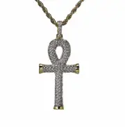 14k Gold Plated Iced Men's Mini Cz Ankh Rope Chain Necklace