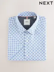 Blue Fan Print Easy Iron With Button Down Collar Short Sleeve Oxford Shirt (AD0448) | $44
