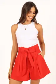 [PUP14] Maya High Waisted Paperbag Shorts - Red XS Red