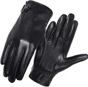 [Generic] Mens Leather Gloves Touch ScreenPlus Velvet Thickened Warm Leather Buckle Gloves