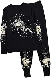 [UIOKLMJH] Autumn Knit Set Women Casual Fashion Beading Flower Long Sleeve Knitted Sweater+Small Feet Pants Two Piece Set