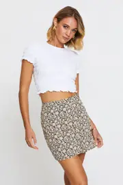 Print Mini Skirt Front Slit - Size 14, Women's Short Wrap