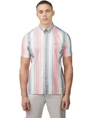 [Ben Sherman] Multicolour Stripe Short Sleeve Shirt in Dark Pink