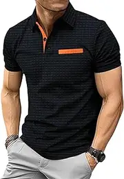 [VgueElegc] Men's Trendy Lapel Buttons Shirt Cotton Muscle T-Shirt with Button Relaxed Short Sleeve T-Shirts for Men, Black, 3X-Large