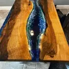Wood Wavy Blue Epoxy Table, Dining Table, Resin River Table, Live Edge Epoxy Top
