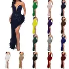 Ladies Evening Dress Tube Top Backless Side Slit Sexy Sequin Feather Gown 1920s