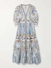 [Camilla] Camilla - Shirred Printed Linen Maxi Dress - Blue - small small Blue