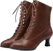 [HOBTEC] Lace Up Ankle Boots for Women Block Heel Victorian Boots