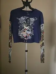 Ed Hardy True Love Mesh Twofer Girls Tattooed Long-Sleeve CropTop