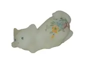 Fenton Crouching Playful Kitty Cat White Satin Frosted Flowers Signed NOS NWT