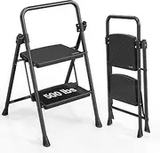 [LUISLADDERS] 2 Step Ladder, Folding Step Stool with Widened Anti-Slip Pedal, 500lbs Sturdy Step Ladder 2 Step Folding, Convenient Handgrip, Lightweight, Multi-use for Home Kitchen Pantry Office, Black