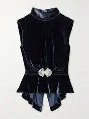 [Saloni] Saloni - Fleur Embellished Gathered Velvet Peplum Top - Navy - UK 16 UK 16 Blue