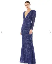 Mac Duggal Sequin Beaded Long Sleeve Gown in Midnight Navy Blue Size 6 93574